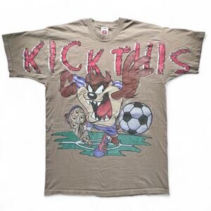 Vintage 90s Taz Kick This Soccer Tasmanian Looney Tunes T Shirt Sleeve Spellout